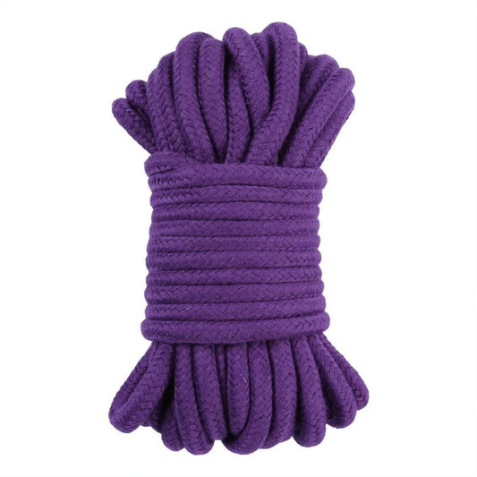 Purple rope coiled on a white background