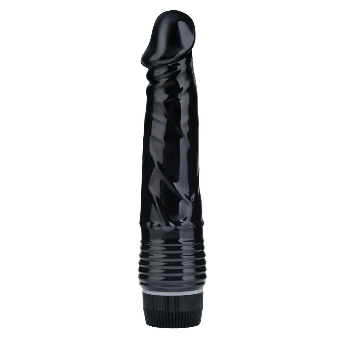 Black textured vibrating dildo on a white background