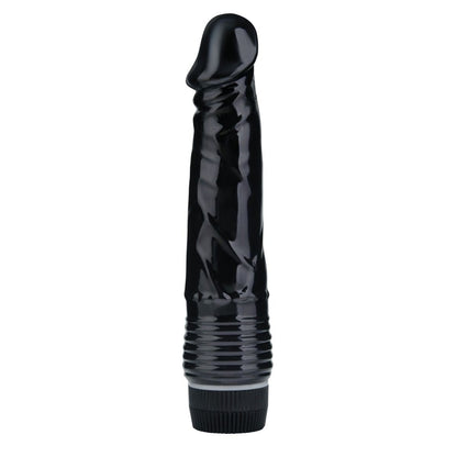 Black textured vibrating dildo on a white background
