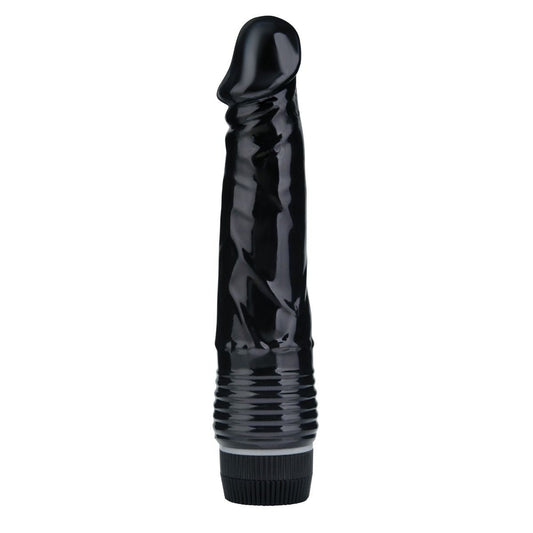 Black textured vibrating dildo on a white background