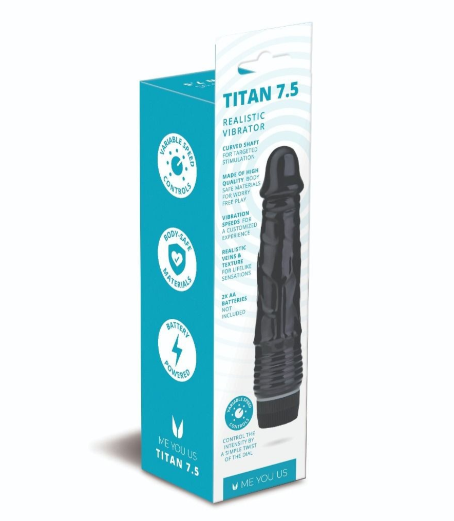 Boxed Titan 7.5 realistic vibrator with branding on a white background