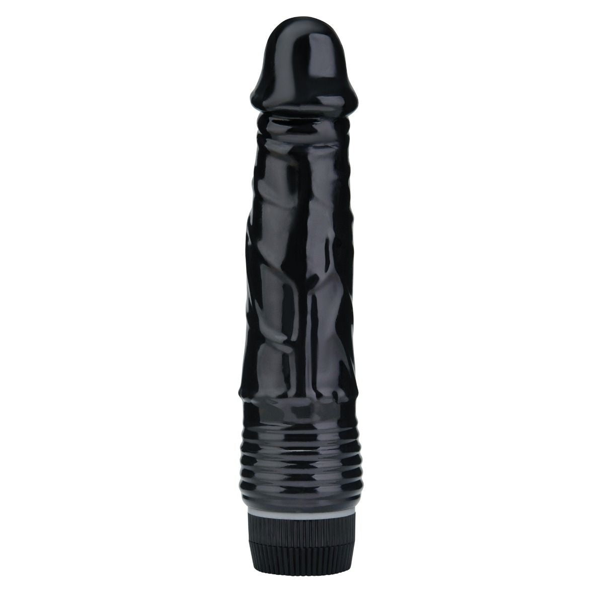 Black textured cylindrical vibrating dildo on a white background