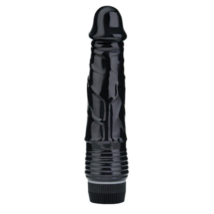 Black textured cylindrical vibrating dildo on a white background