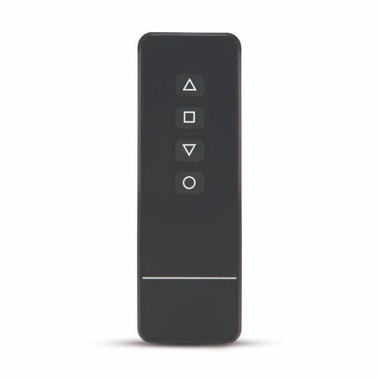 Black remote control with white icons on a white background