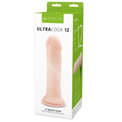 12 inch realistic dildo packaging with green and white design on a white background