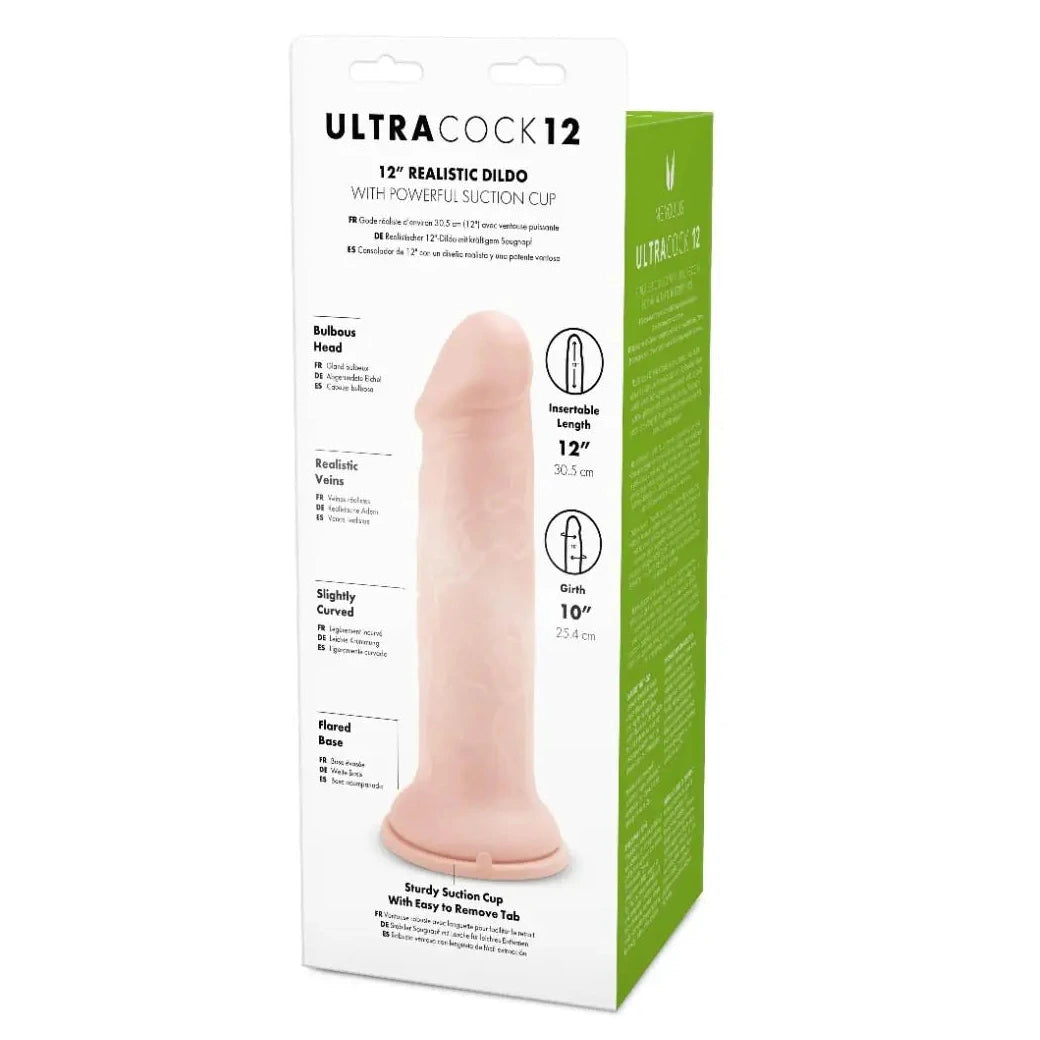 Box of Ultra Cock 12 realistic dildo with suction cup on a white background