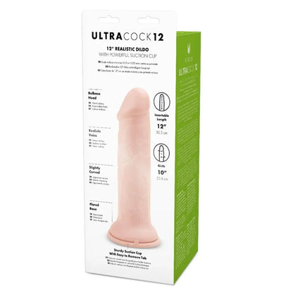 Box of Ultra Cock 12 realistic dildo with suction cup on a white background