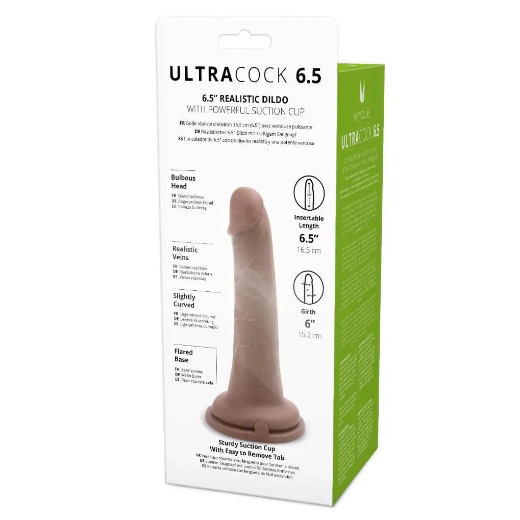 Box of Ultra Cock 6.5 realistic dildo with suction cup on a white background