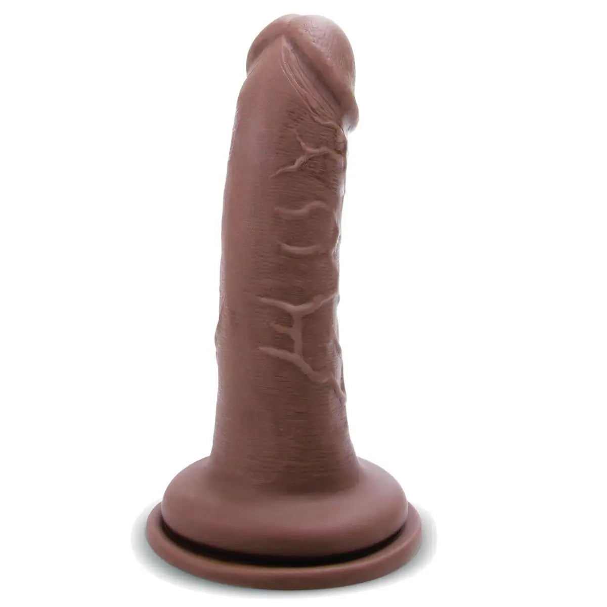 Brown silicone suction cup dildo with textured surface on a white background