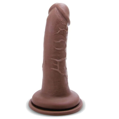Brown silicone suction cup dildo with textured surface on a white background