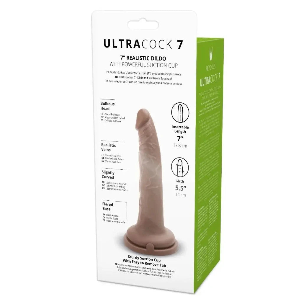 Package of Ultra Cock 7 realistic dildo with suction cup on a white background