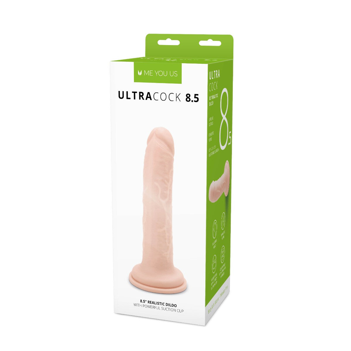 Product packaging of UltraCock 8.5 with a realistic dildo on a white background
