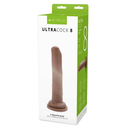 Boxed UltraCock 8 product with a brown realistic dildo on a white background