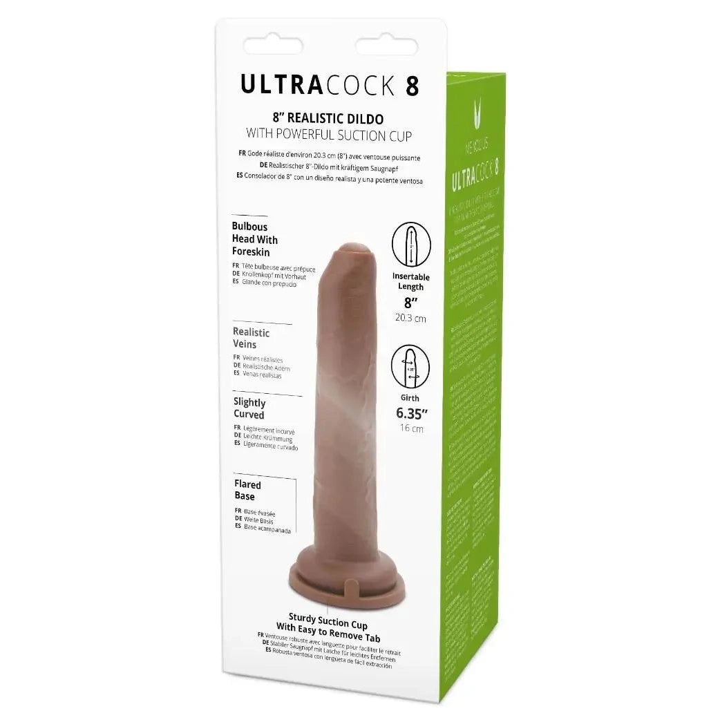 Product packaging of UltraCock 8 realistic dildo with suction cup on a white background