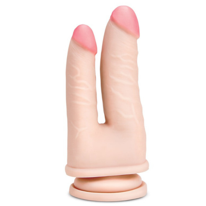 Silicone double dildo with pink tips on a white background