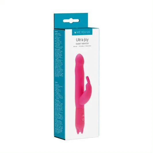 Pink rabbit vibrator with packaging on a white background