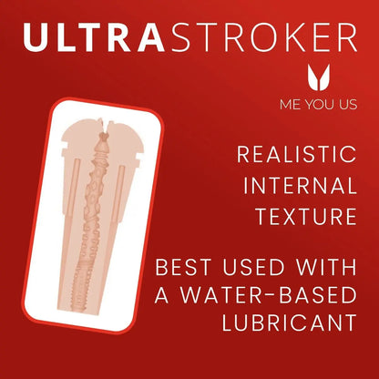 Product packaging with text about UltraStroker and lubricant compatibility on a red background