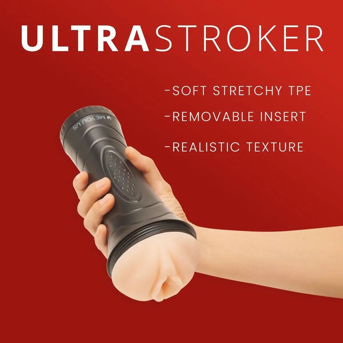 Hand holding a black Ultra Stroker product against a red background with text highlighting features.
