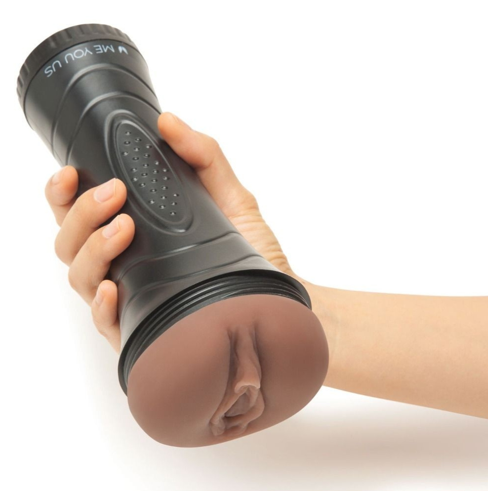 Hand holding a black fleshlight with a textured grip on a white background