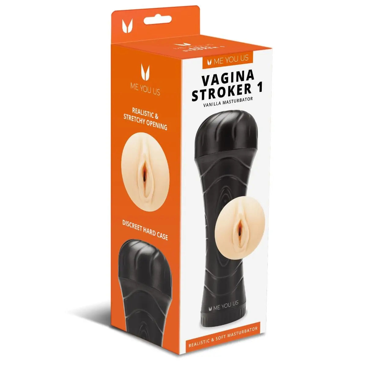 Product packaging of a 'Vagina Stroker' with branding on an orange and white background.