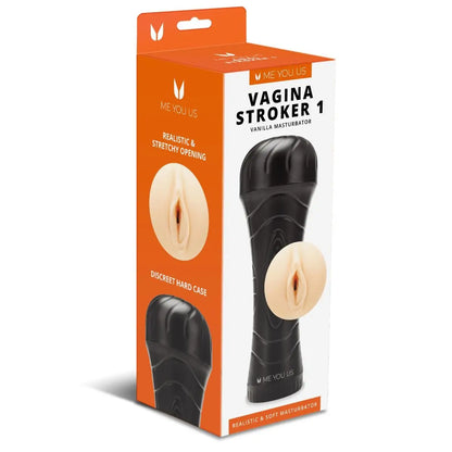 Product packaging of a 'Vagina Stroker' with branding on an orange and white background.