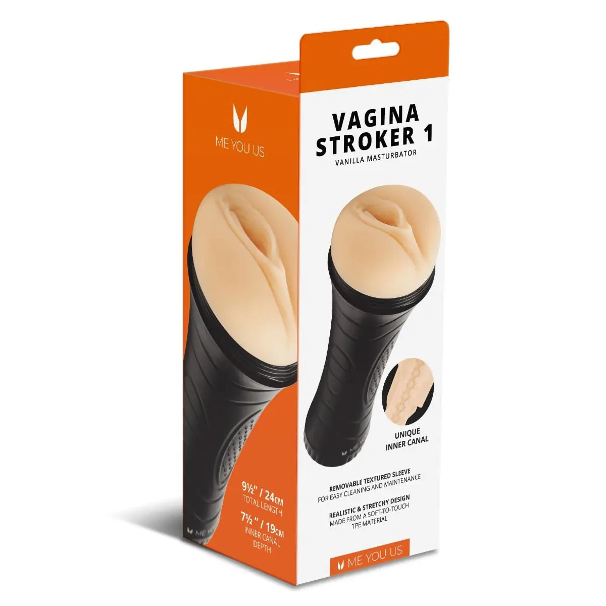 Product packaging for 'Vagina Stroker 1' by ME YOU US on a white background