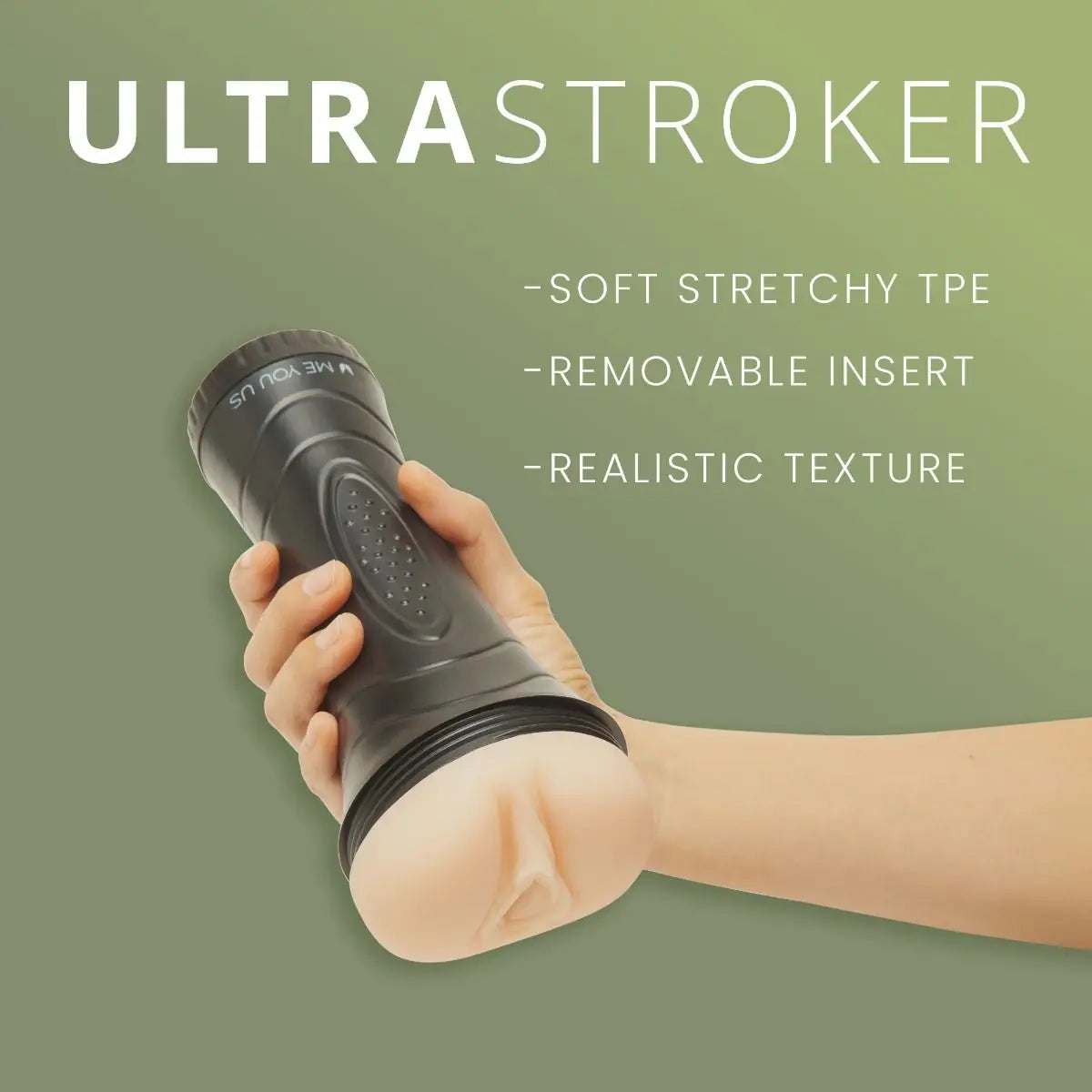 Hand holding a black Ultra Stroker product with features listed on a green background