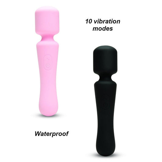 Pink and black vibration device with text indicating '10 vibration modes' and 'Waterproof' on a white background.