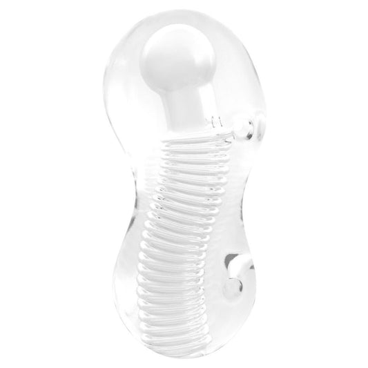 Clear masturbator with spiral design on a white background
