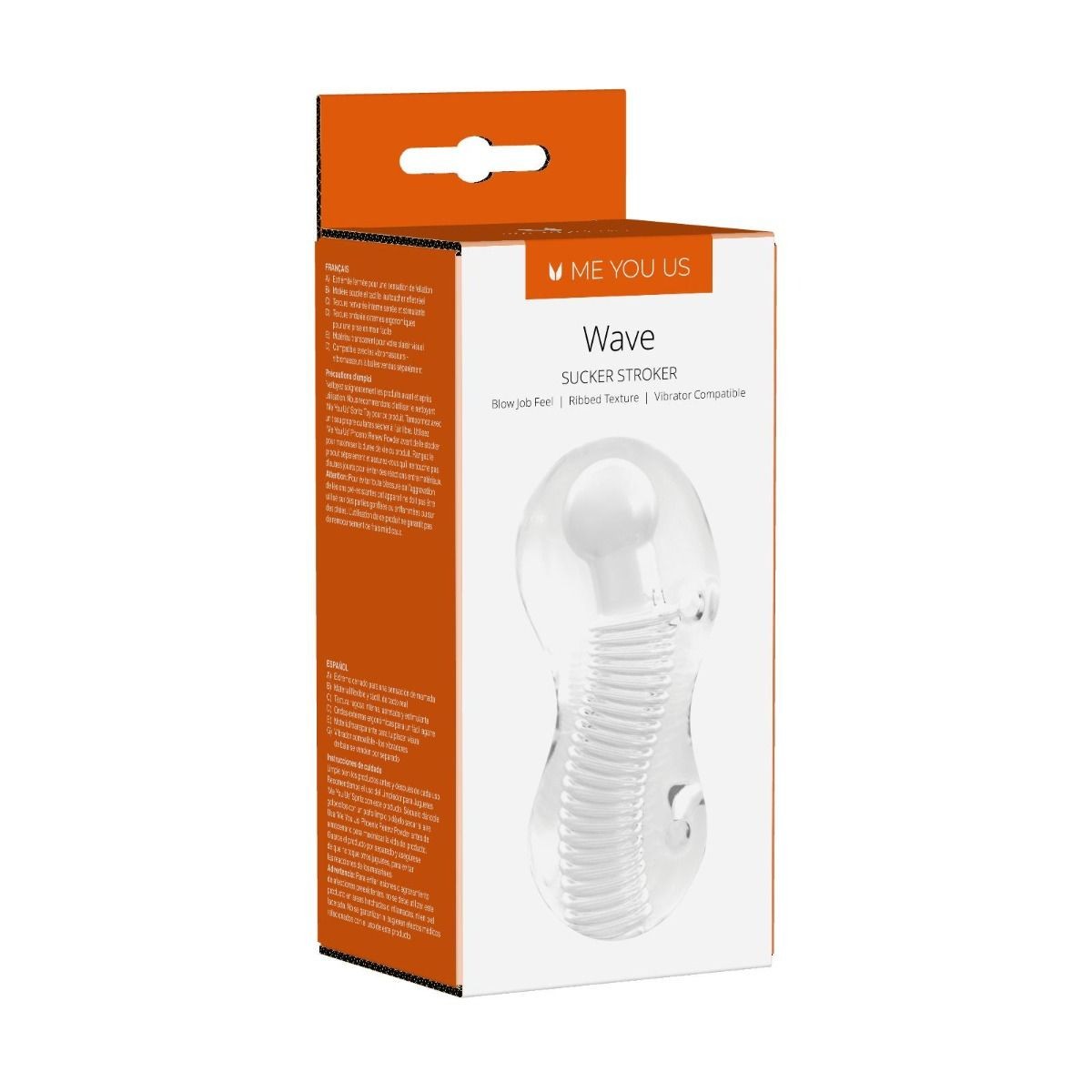 Clear 'Wave Sucker Stroker' product in packaging with orange and white design on a white background