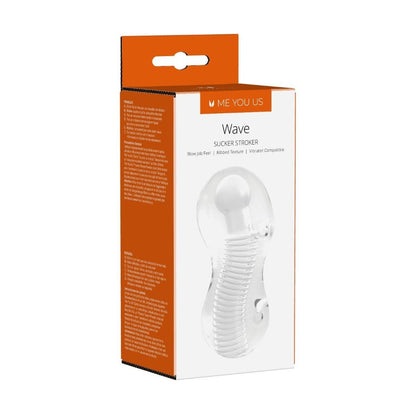 Clear 'Wave Sucker Stroker' product in packaging with orange and white design on a white background