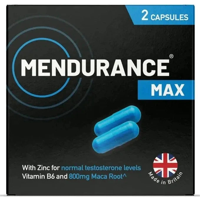 Mendurance Max supplement packaging with blue capsules on a black background