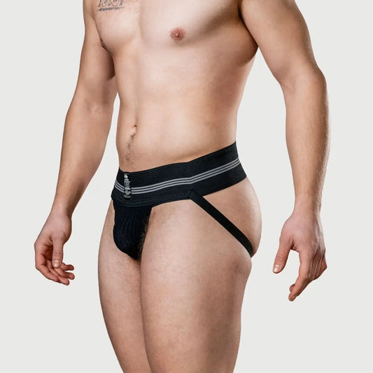 Man wearing a black men's underwear with a white background