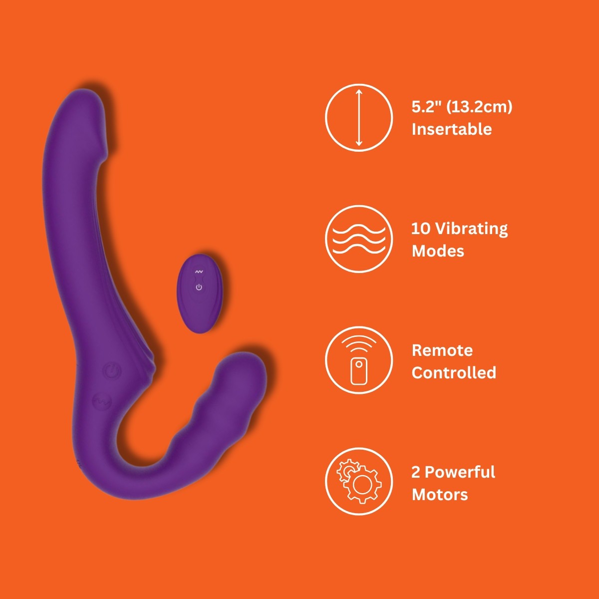 Purple electronic strap-on on an orange background with product features listed.