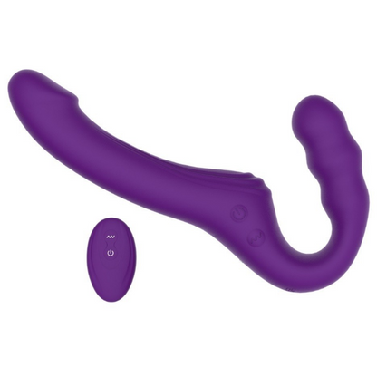 Purple silicone strapless strap-on with remote control on a white background