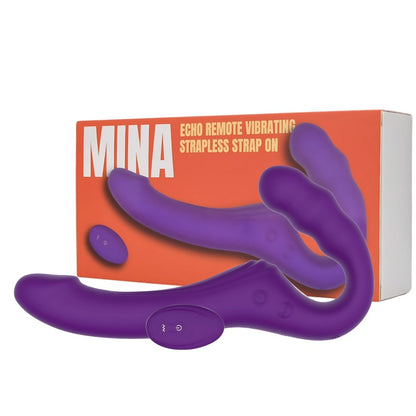 Purple 'Mina' remote vibrating strapless product with packaging in the background
