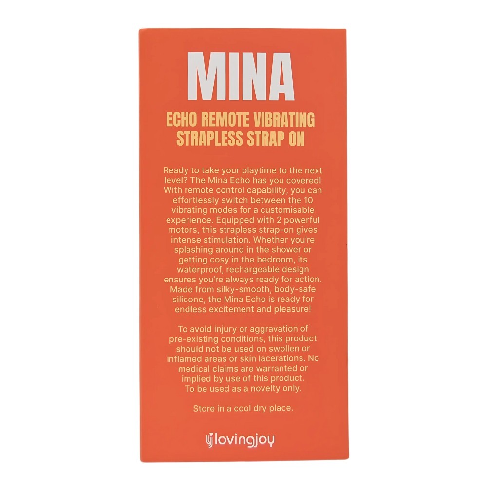Orange packaging with text for Mina Echo remote vibrating strapless product on a white background