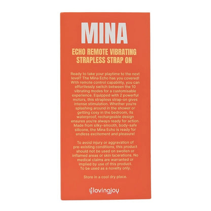 Orange packaging with text for Mina Echo remote vibrating strapless product on a white background