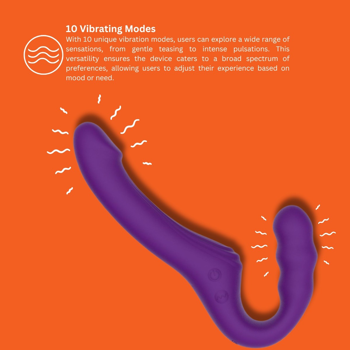 Purple curved device on an orange background with text about 10 vibrating modes.