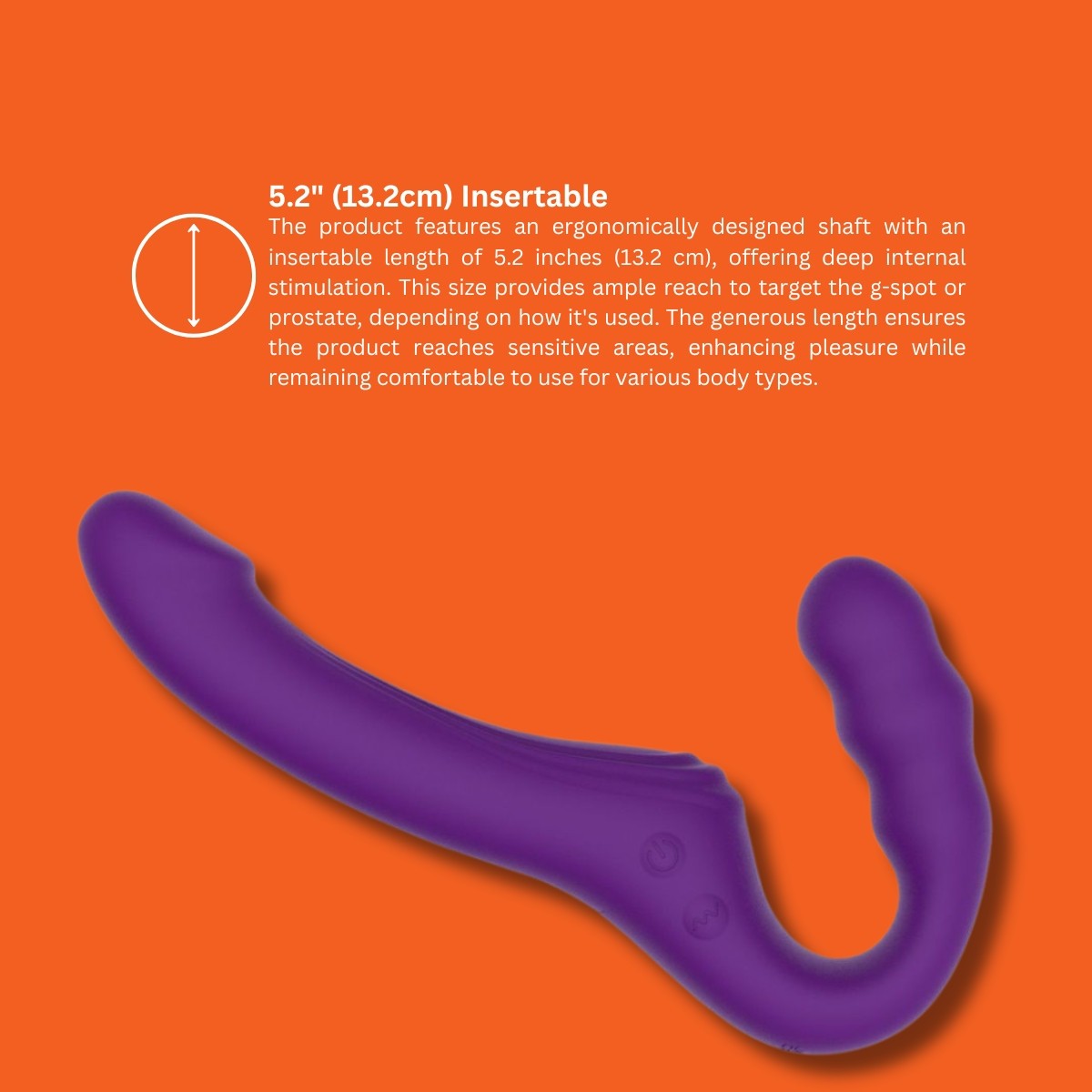 Purple insertable product on an orange background with text about its dimensions and features.