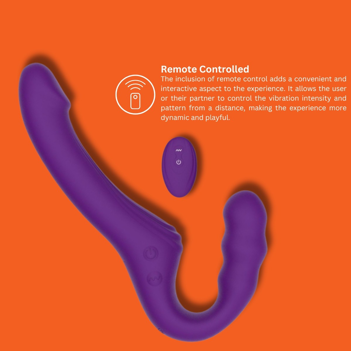 Purple remote-controlled device on an orange background with text explaining its features.
