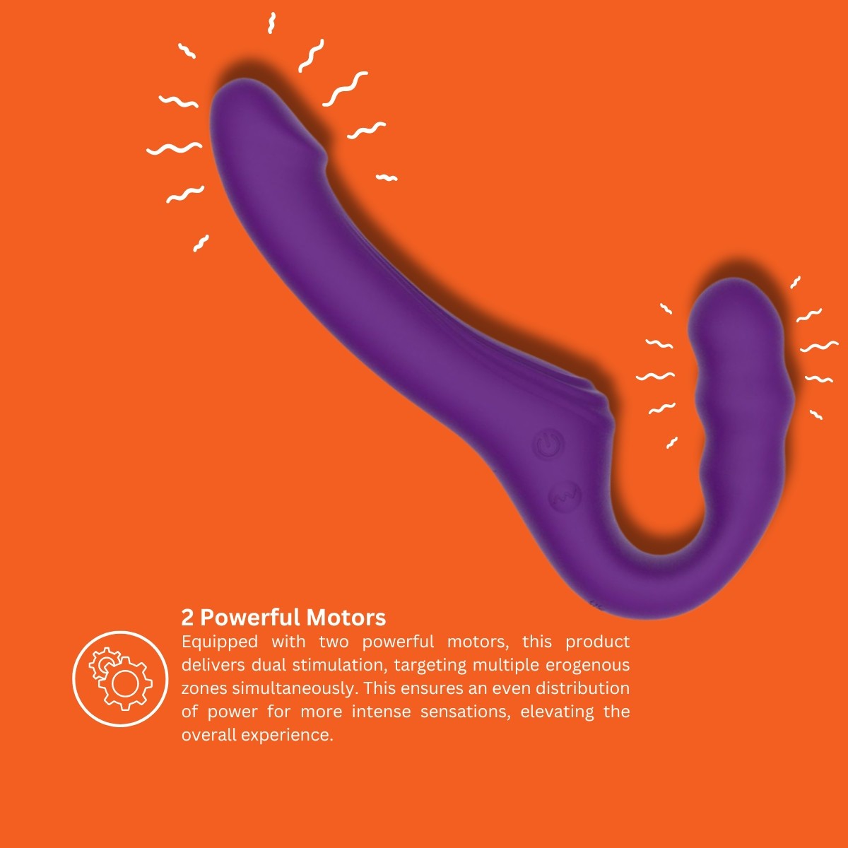 Purple curved object on an orange background with text about two powerful motors.