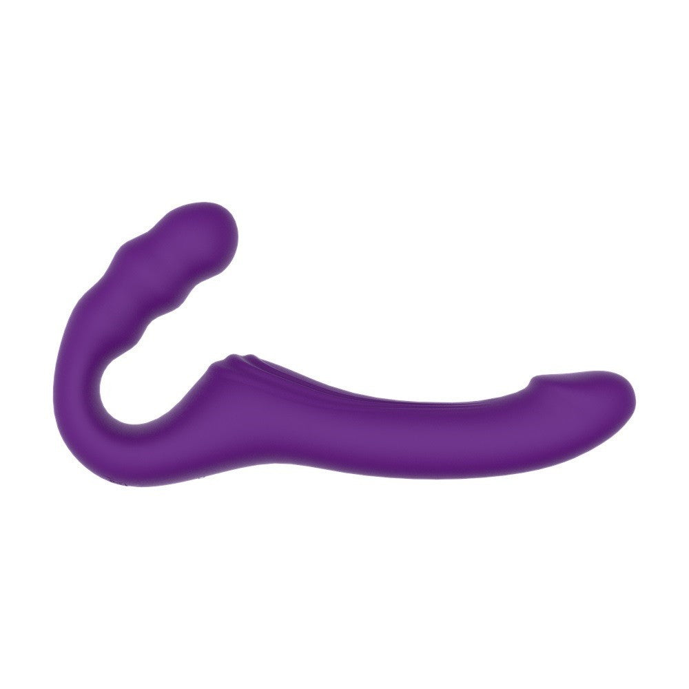 Purple silicone double penetration strapless strap-on on a white background
