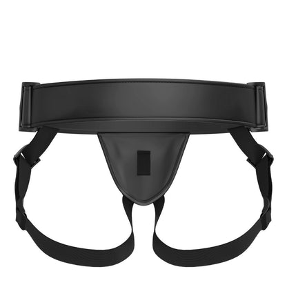 Black strap-on harness on a white background