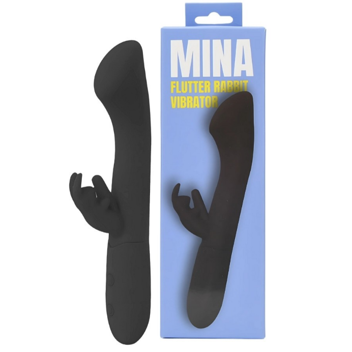 Black rabbit vibrator with packaging labeled 'MINA Flutter Rabbit Vibrator' on a white background