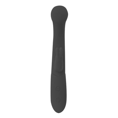Black handheld rabbit vibrator with buttons on a white background