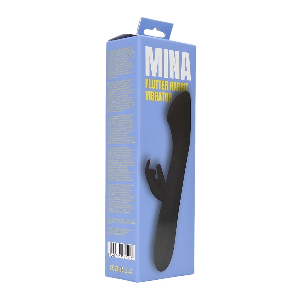Blue packaging of a Mina flutter rabbit vibrator on a white background