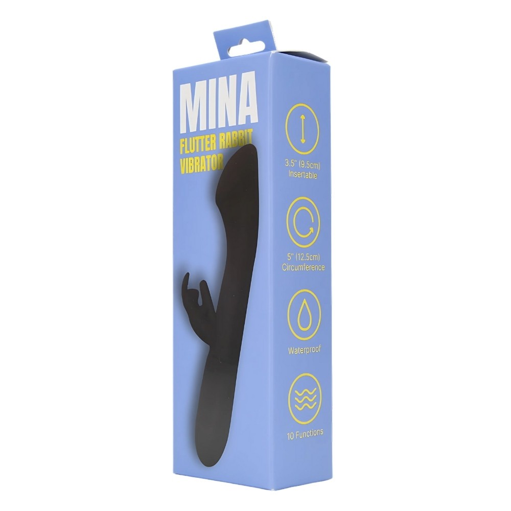 Blue packaging of a black rabbit-shaped vibrator with 'MINA' branding on a white background