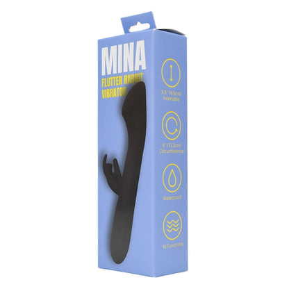 Blue packaging of a black rabbit-shaped vibrator with 'MINA' branding on a white background