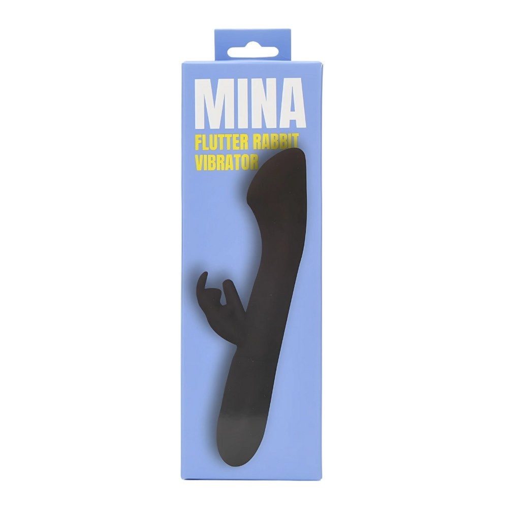 Black rabbit vibrator in packaging with 'Mina' branding on a light blue background